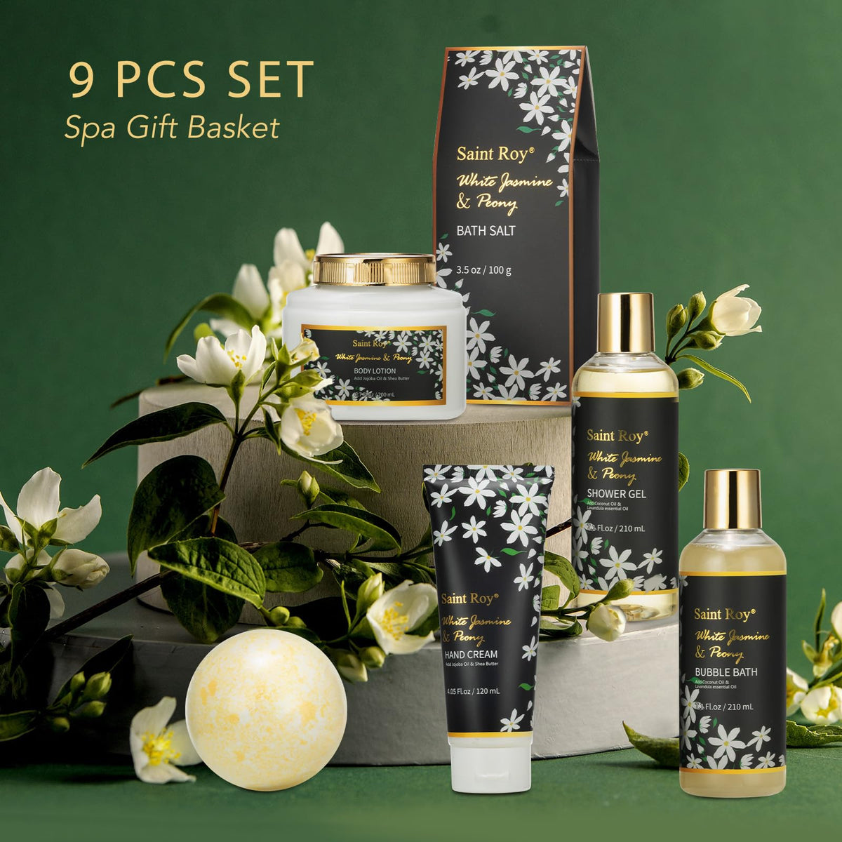 Close-up of Shower Gel and Bubble Bath in Saint Roy Spa Gift Basket