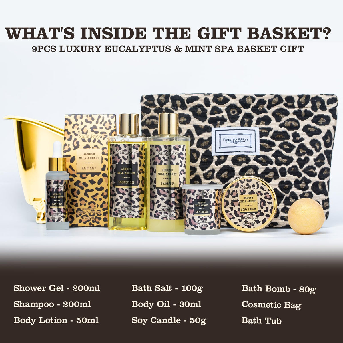 Close-up of shower gel and shampoo in Saint Roy Spa Gift Basket