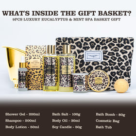 Close-up of shower gel and shampoo in Saint Roy Spa Gift Basket