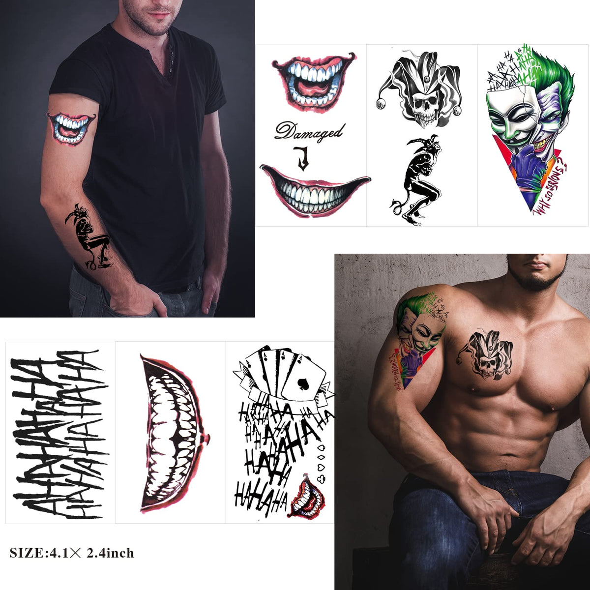 Close-up of small Joker temporary tattoo sheet size 4.1x2.4 inches