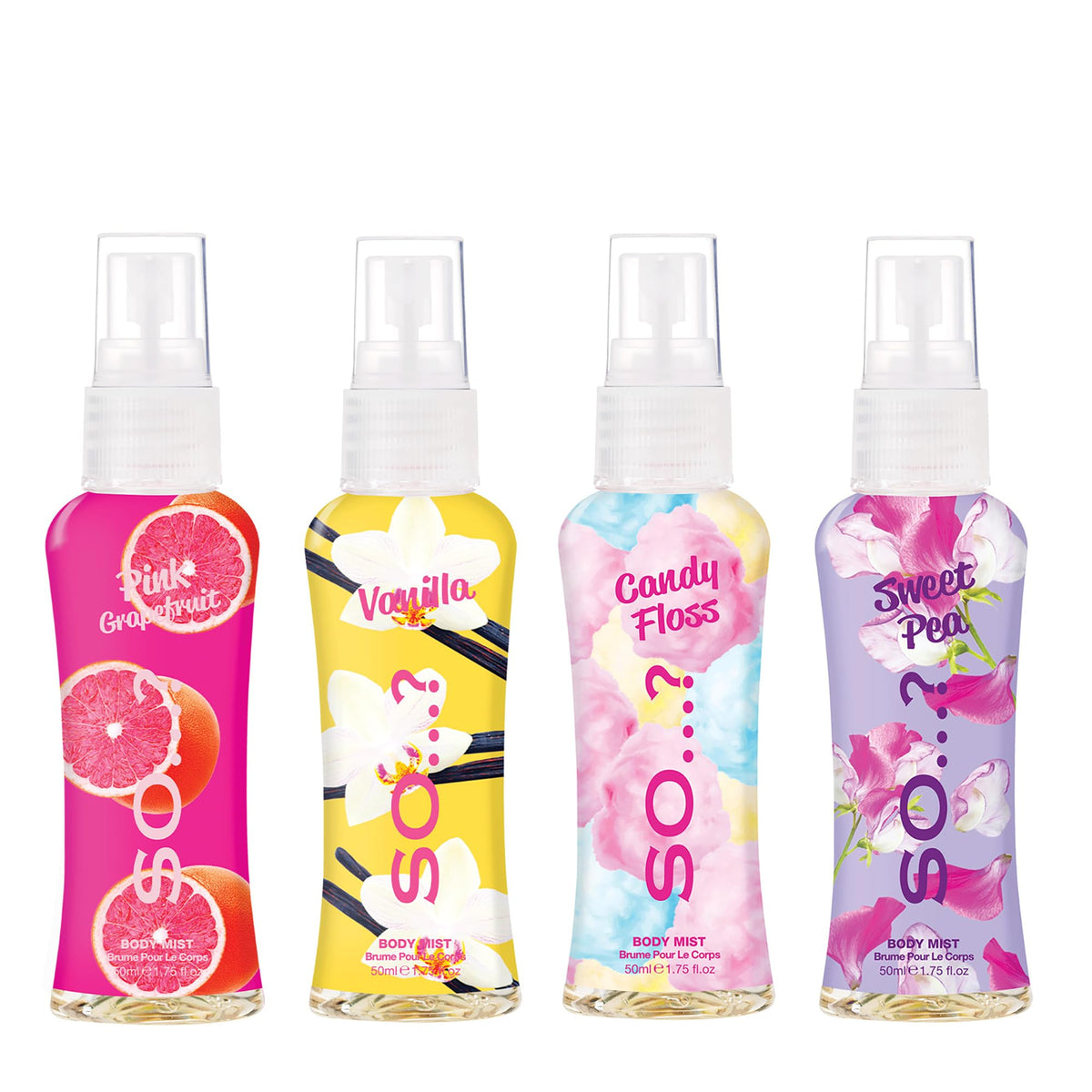 Close-up of So...? Body Mist bottles with labels
