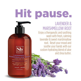 Close-up of Soapbox Lavender & Marshmallow Root Liquid Hand Soap bottle