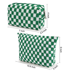 Close-up of SOIDRAM green checkered makeup bag pattern