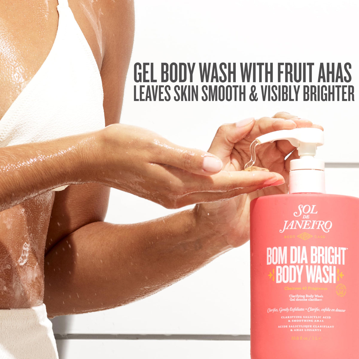 Close-up of Sol de Janeiro Bom Dia Bright Body Wash pump dispenser