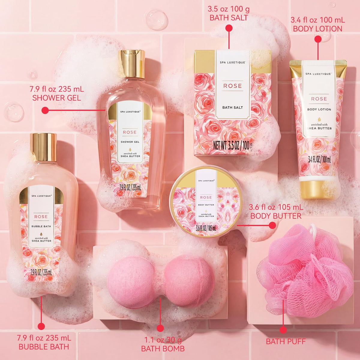 Close-up of Spa Luxetique bubble bath bottle in the gift set