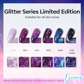 Close-up of sparkle purple-red gel nail polish