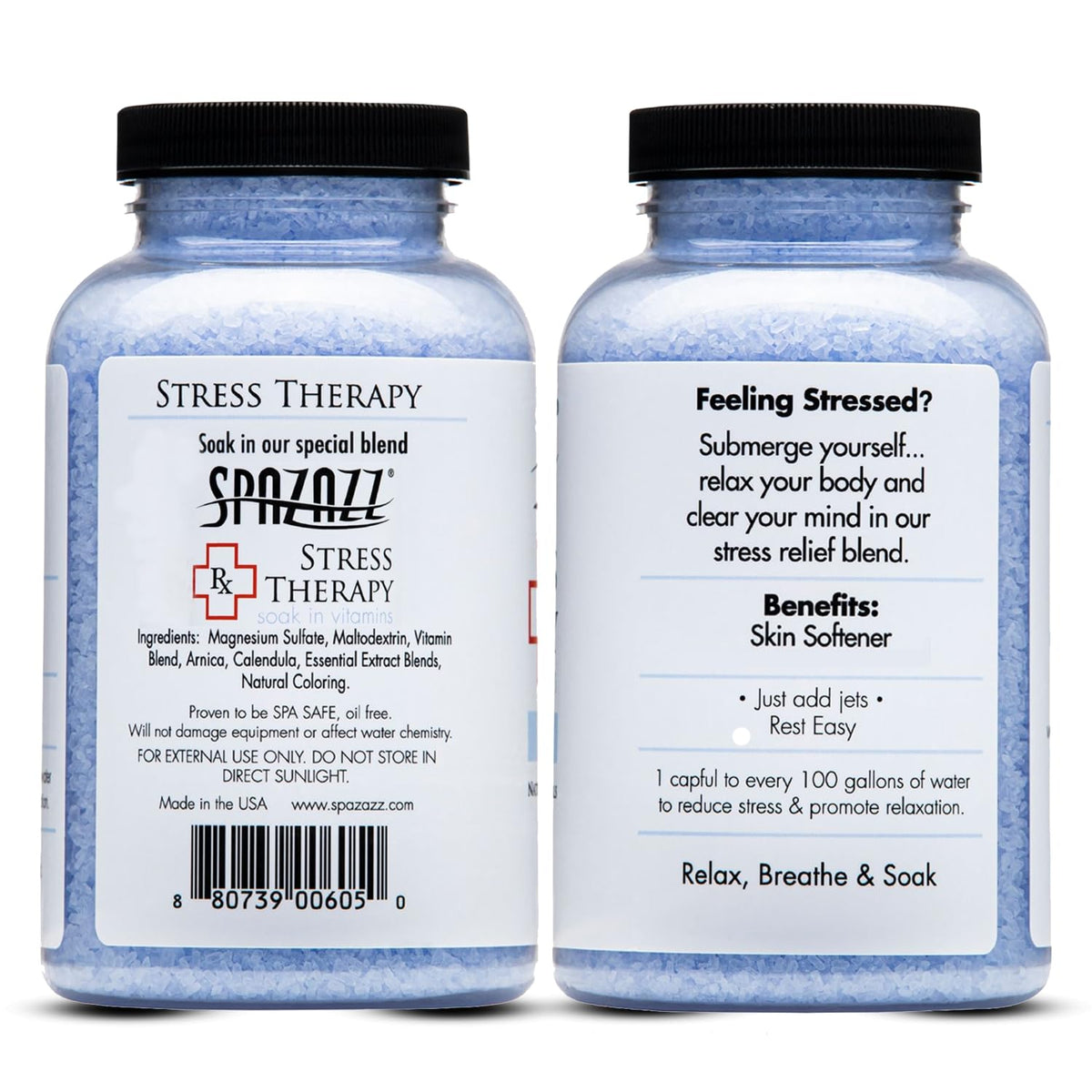 Close-up of Spazazz RX Stress Therapy Bath Salts packaging