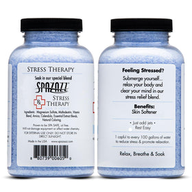 Close-up of Spazazz RX Stress Therapy Bath Salts packaging