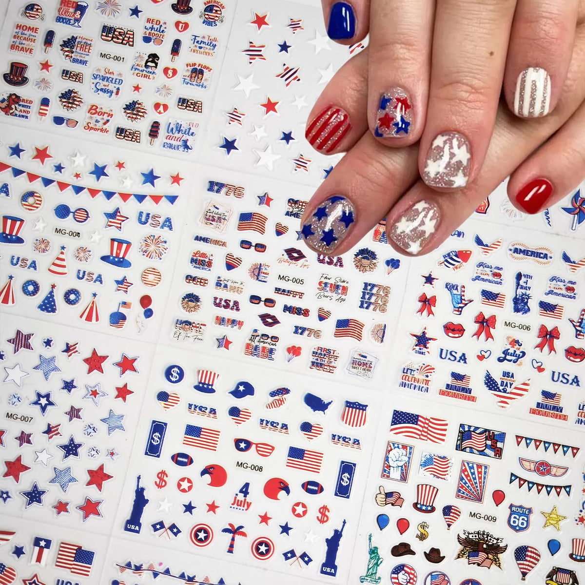 Close-up of SPLOCUDU nail stickers featuring stars and stripes