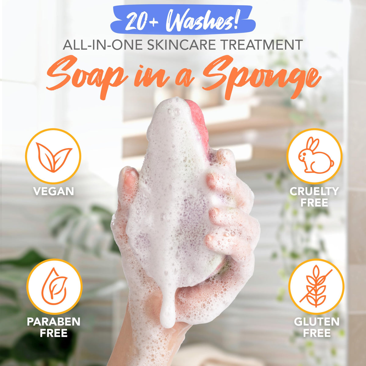 Close-up of Spongeables Anti Cellulite Body Wash Sponge with olive oil and vitamin E