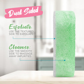 Close-up of Spongeables Pedi Scrub Foot Exfoliating Sponge showing olive oil and Vitamin E