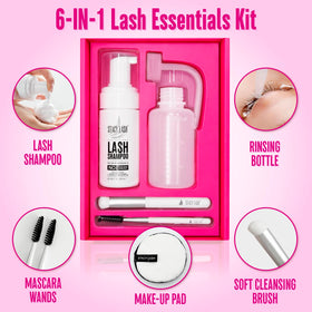 Close-up of STACY LASH Lash Shampoo bottle and brush