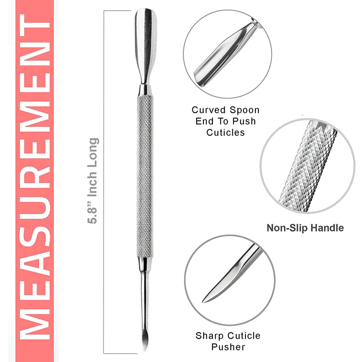 Close-up of stainless steel cuticle pusher tool with dual sides