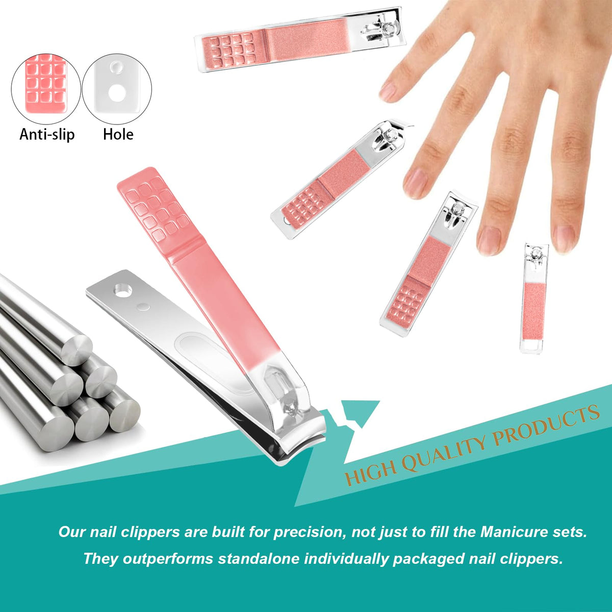 Close-up of stainless steel tools in manicure set