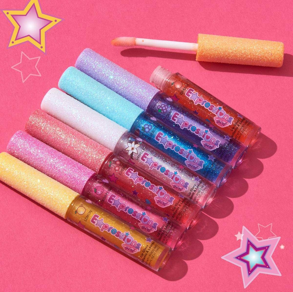 Close-up of Strawberry/Pink lip gloss wand from Expressions girl set