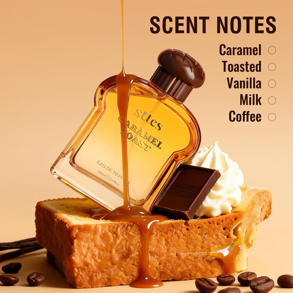 Close-up of Sttes Caramel Toast Eau de Parfum label
