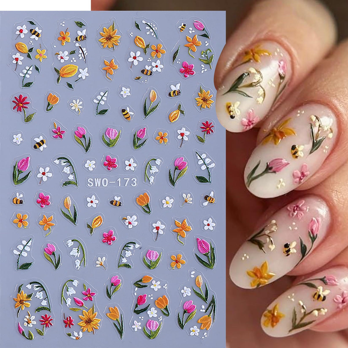 Close-up of STZPRONAIL 5D Nail Stickers with Tulips and Butterflies