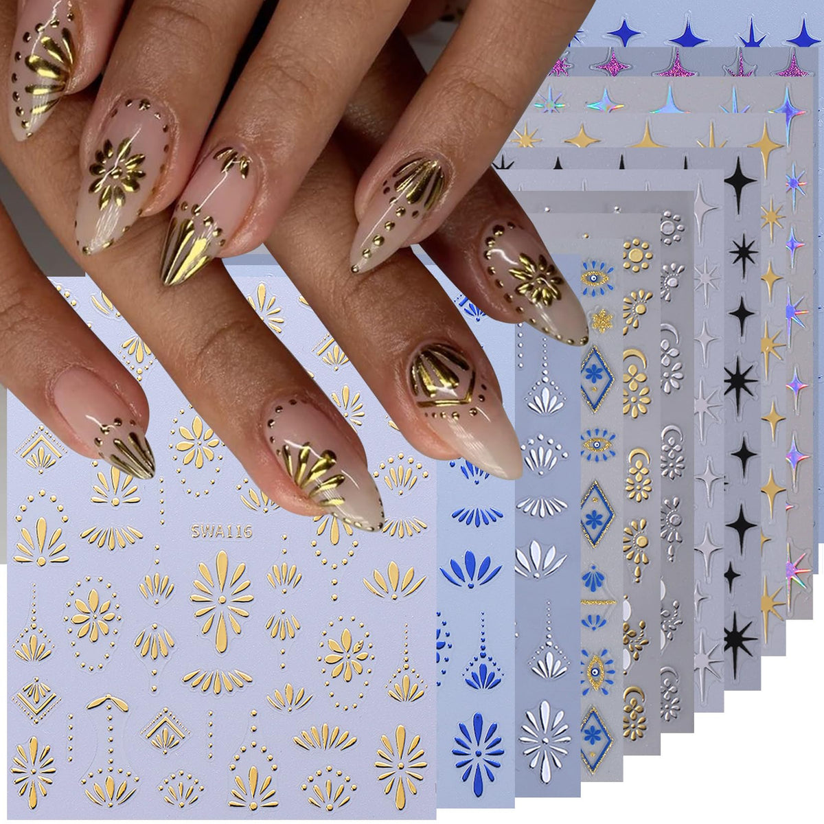 Close-up of STZPRONAIL metallic gothic nail stickers