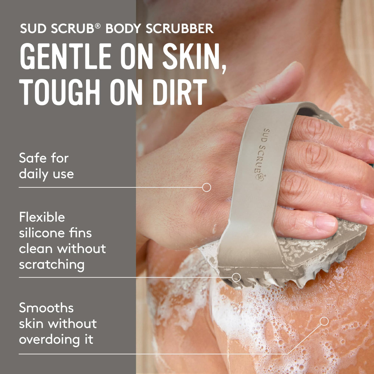 Close-up of Sud Scrub Silicone Body Scrubber with secure strap