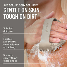 Close-up of Sud Scrub Silicone Body Scrubber with secure strap