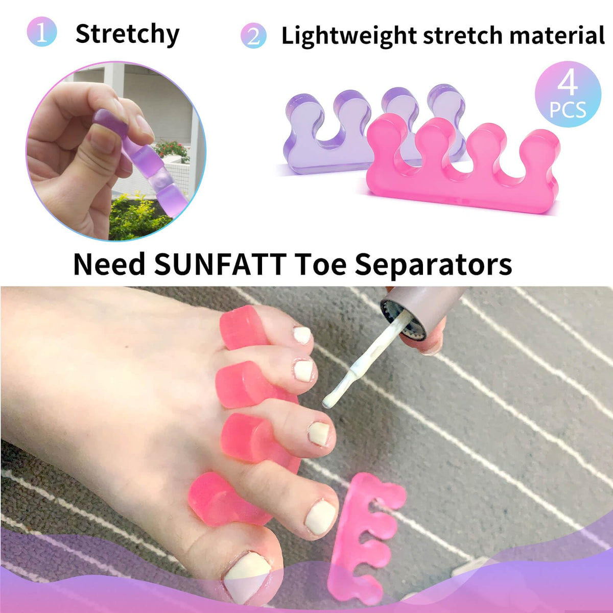 Close-up of SUNFATT Toe Separators highlighting ergonomic design