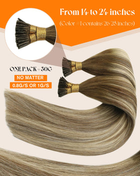 Close-up of Sunny Hair I-Tip extensions showing micro-ring tips