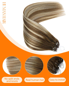 Close-up of Sunny Hair Micro Link extensions showing micro beads