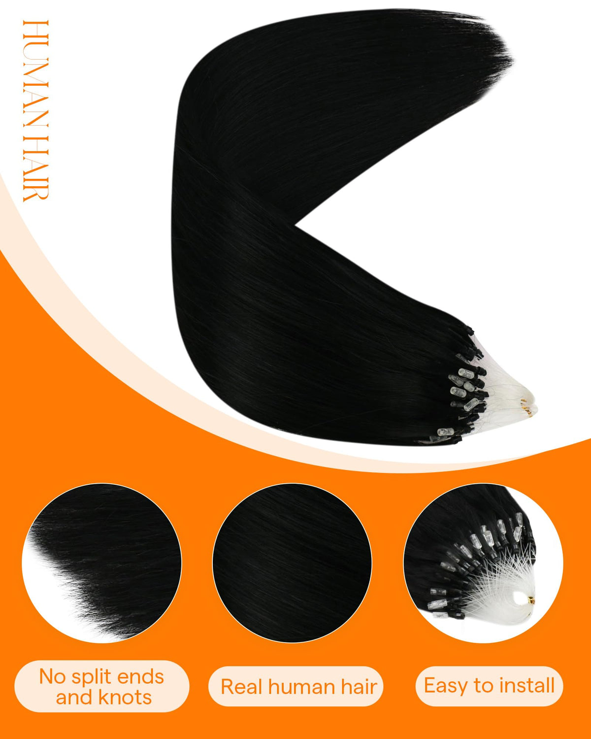Close-up of Sunny Hair Micro Loop extensions showing micro beads