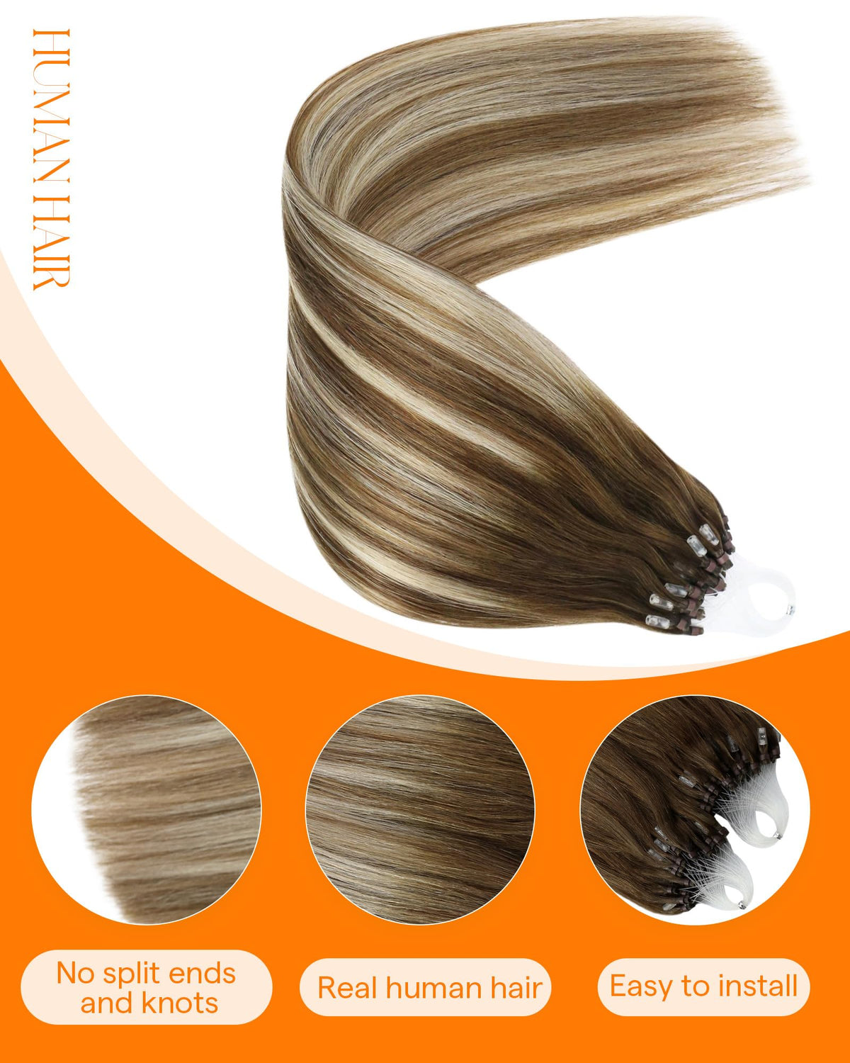 Close-up of Sunny Hair Microlink extensions showing micro beads