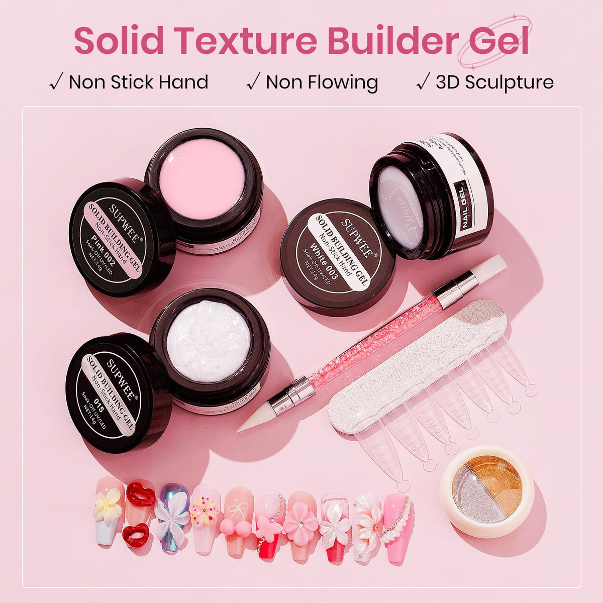 Close-up of SUPWEE nail extension gels in Pearl White and Pink