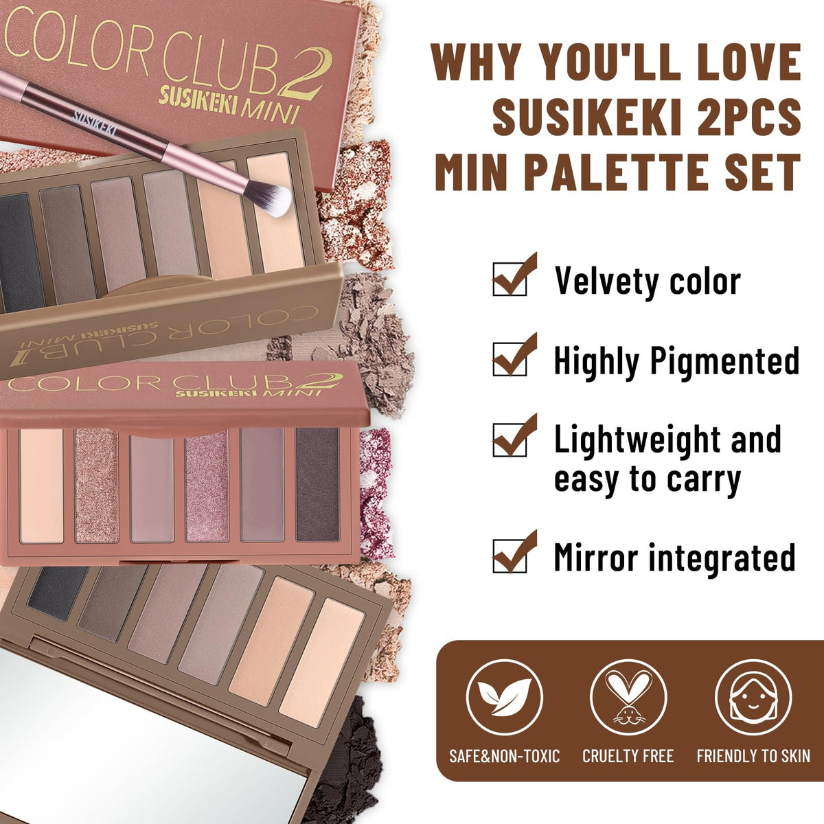Close-up of SUSIKEKI eyeshadow palette with shimmer and matte shades