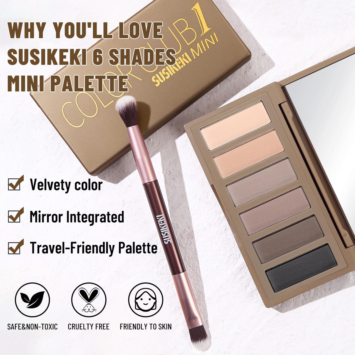 Close-up of SUSIKEKI eyeshadow shades in palette