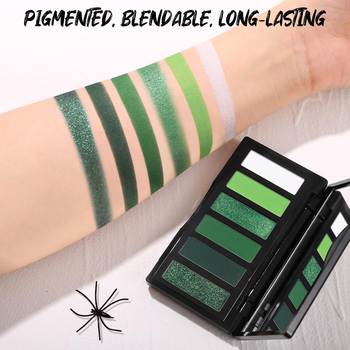 Close-up of SUSIKEKI Green Eyeshadow Palette shades in light lime and olive