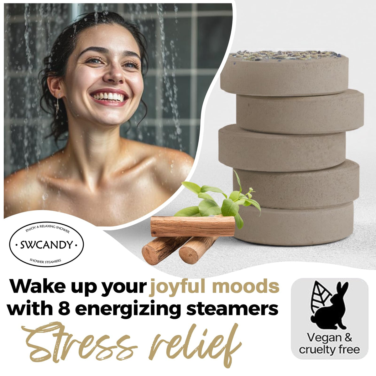 Close-up of SWCANDY sandalwood shower steamer packaging