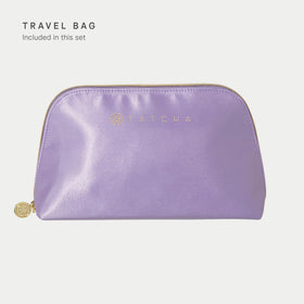 Close-up of TATCHA skincare products in travel pouch