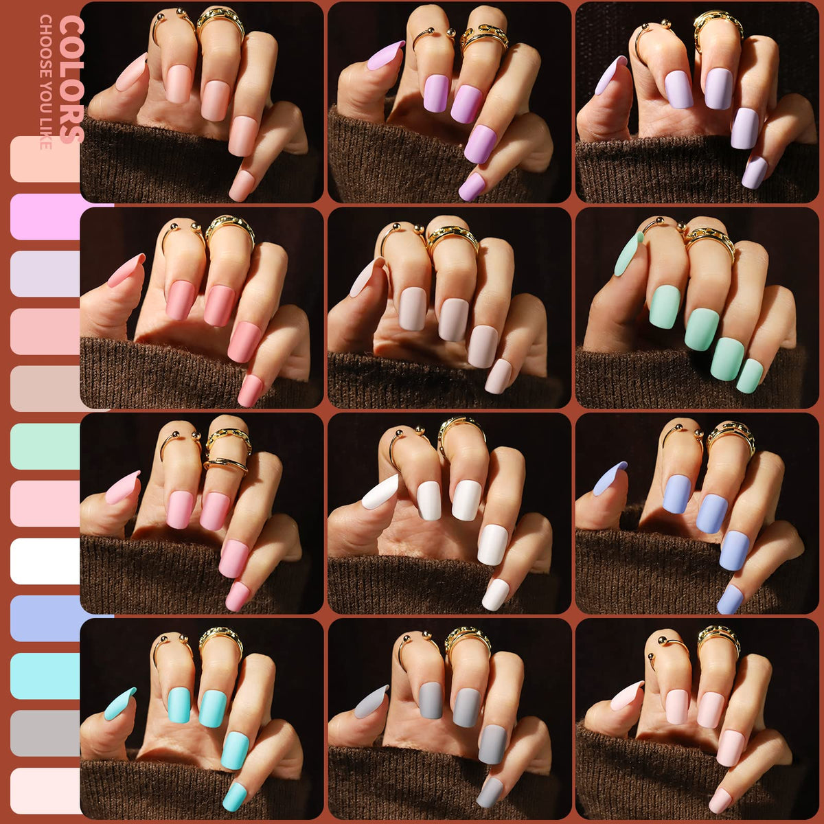 Close-up of Teenitor matte square press on nails in various sizes