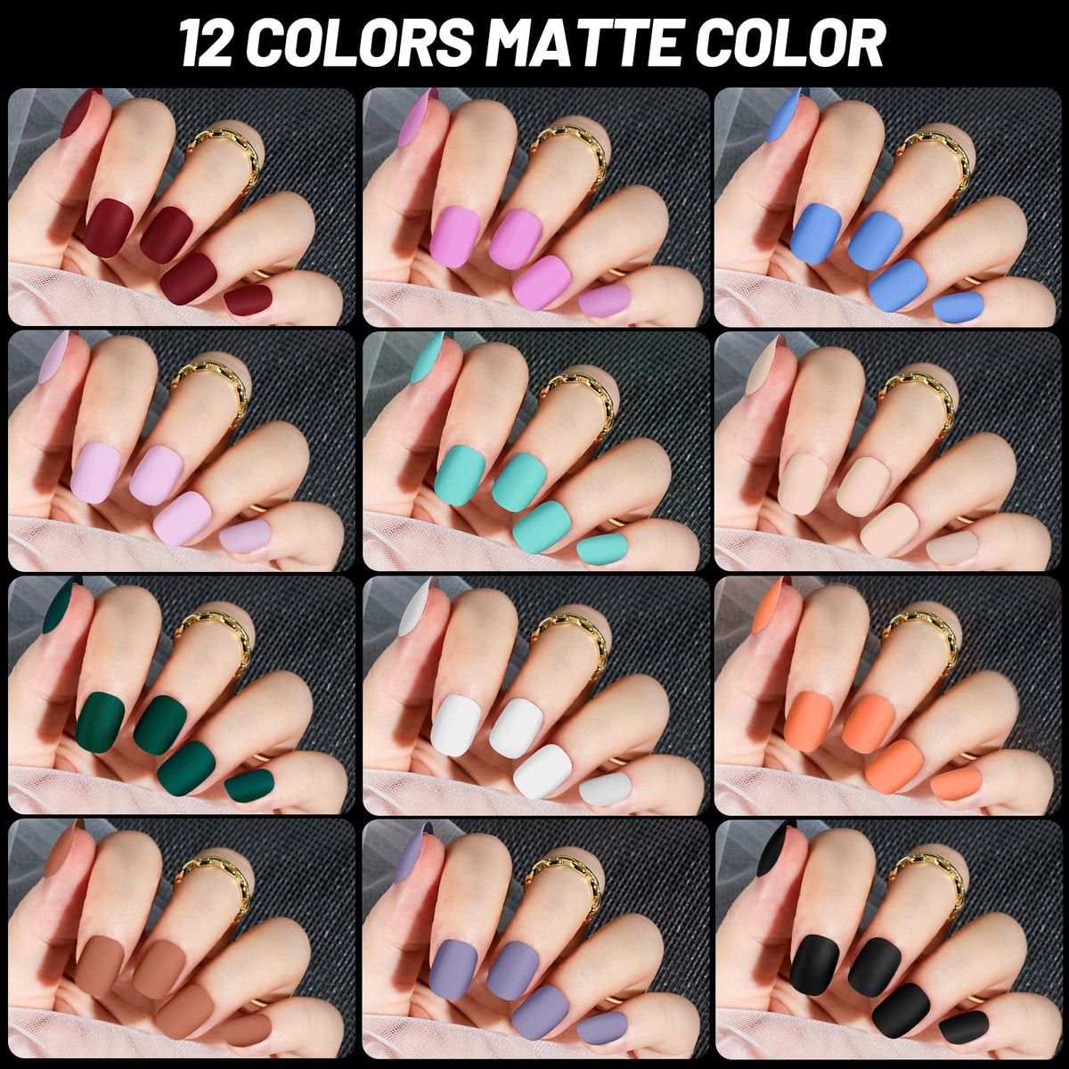 Close-up of Teenitor short matte press on nails in various colours