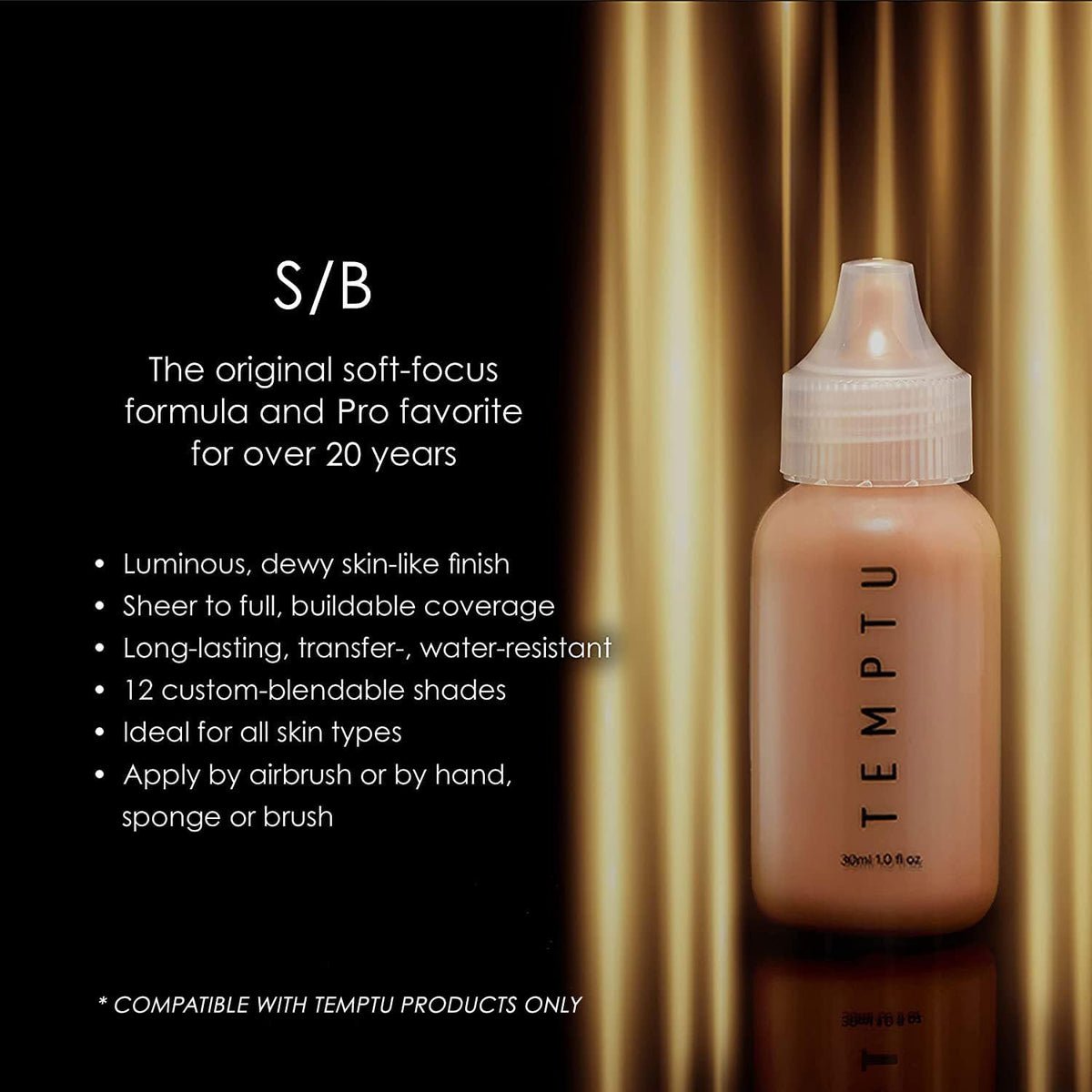 Close-up of TEMPTU S/B Airbrush Foundation bottle showing shade