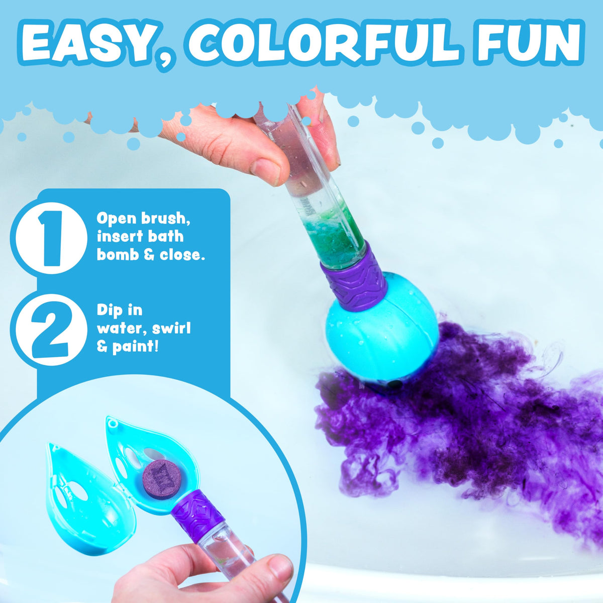 Close-up of the Bath Color Brush with a vibrant bath bomb tablet