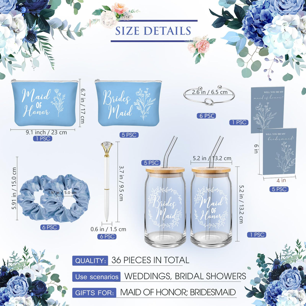 Close-up of the blue makeup bag featuring bridesmaid design