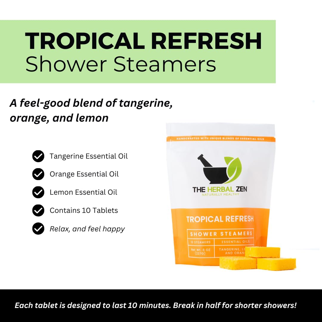 Close-up of The Herbal Zen Citrus Tropical Refresh Shower Steamer with lemon and orange