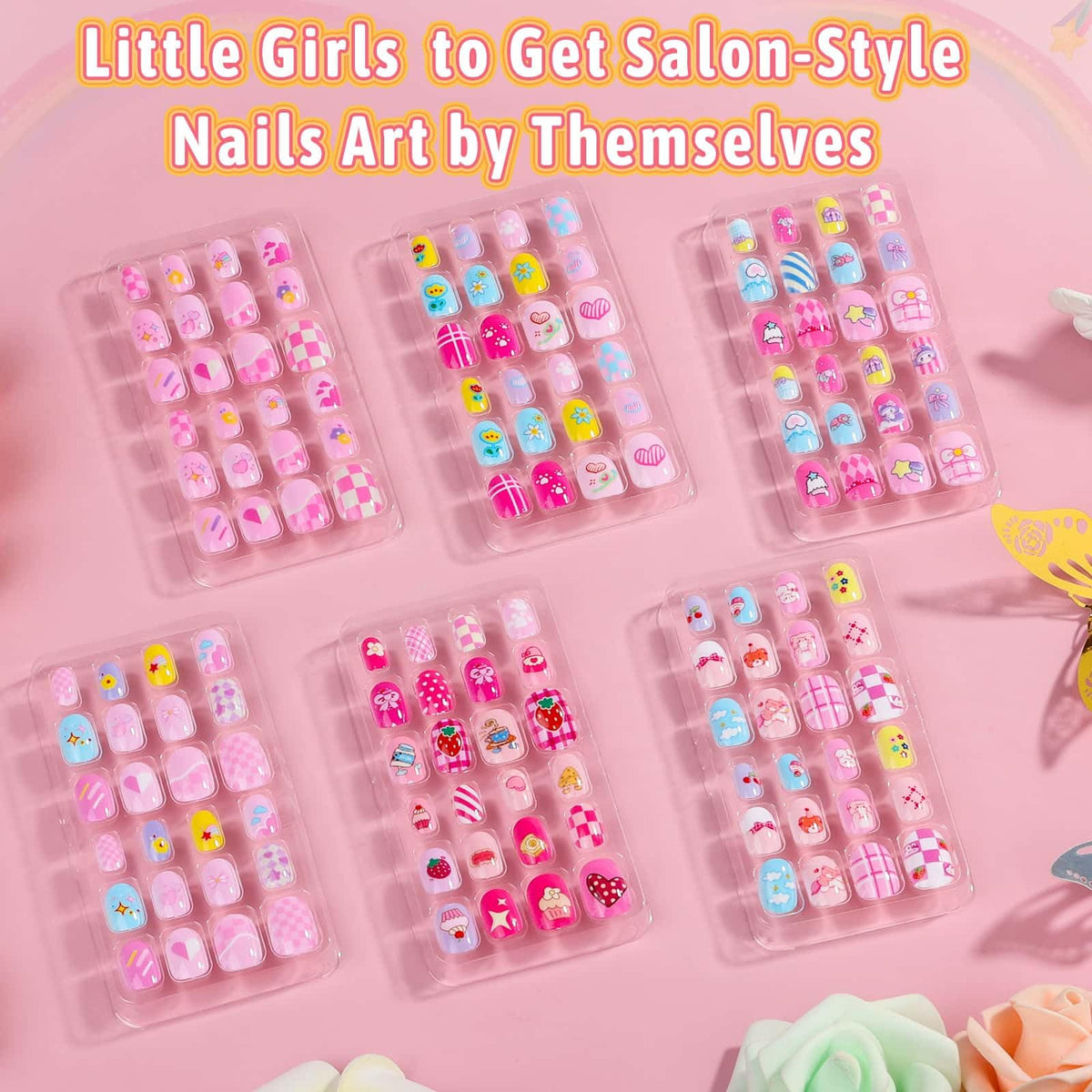 Close-up of Thrilez Kids Fake Nails showing different sizes