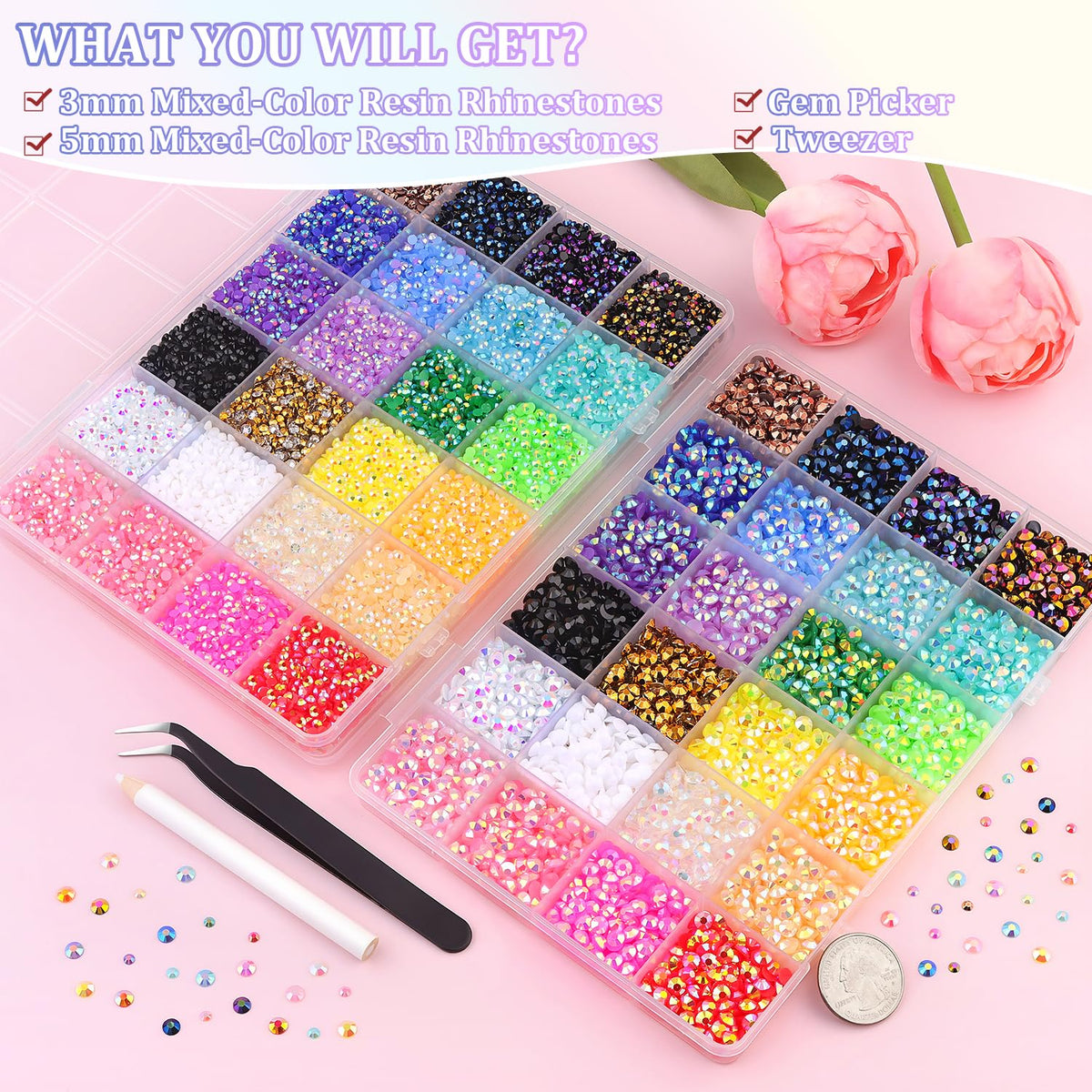 Close-up of TINKRSTUFF 3mm and 5mm multicolour resin rhinestones