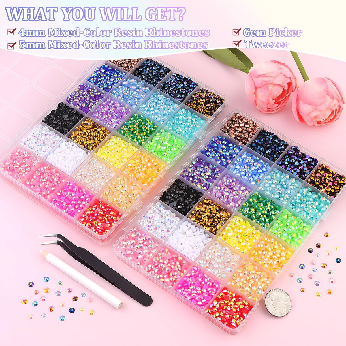 Close-up of TINKRSTUFF 4mm and 5mm mixed colour rhinestones