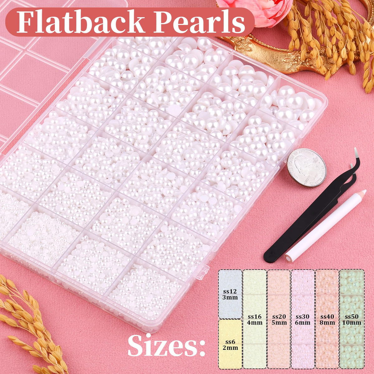 Close-up of TINKRSTUFF Flatback Pearls in various sizes