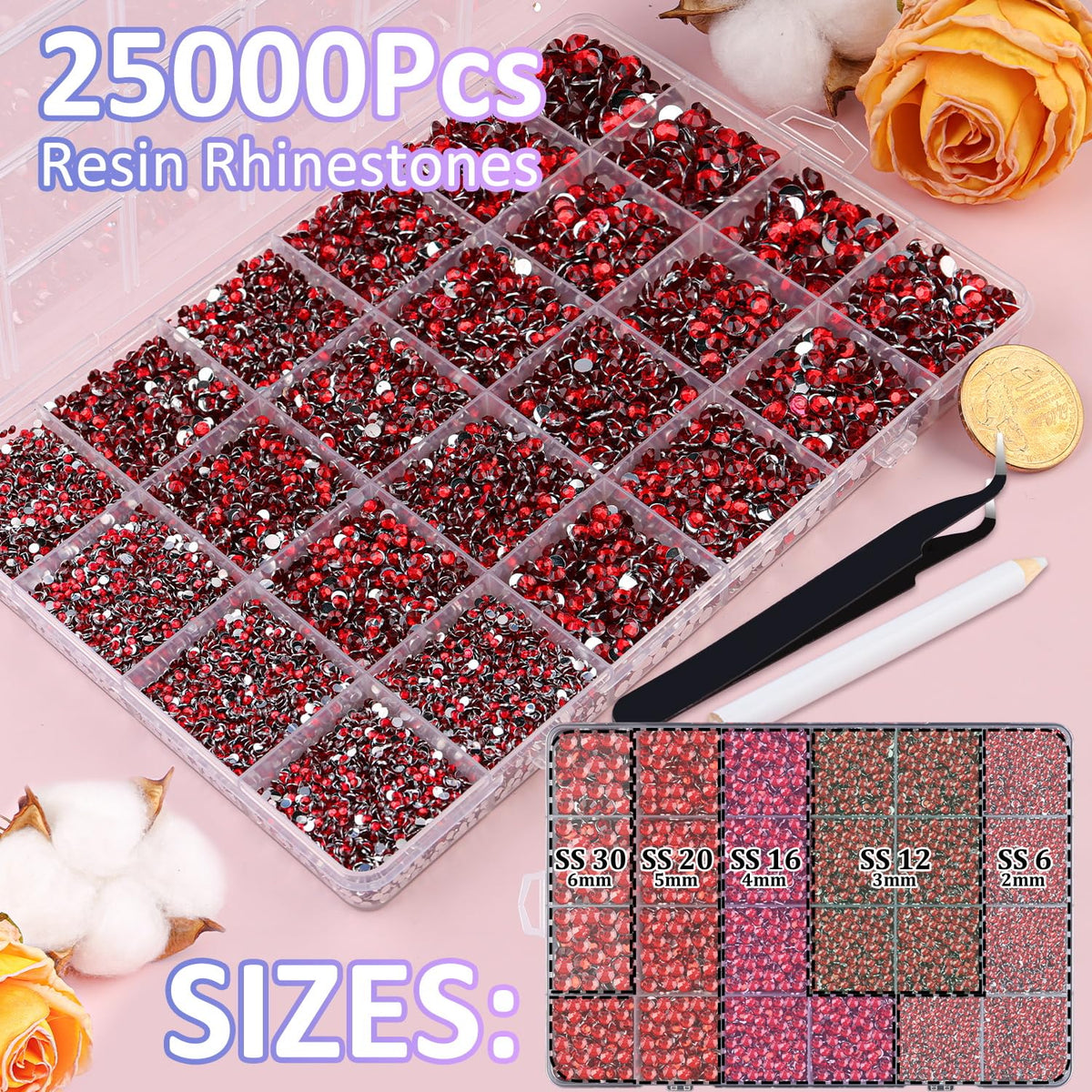 Close-up of TINKRSTUFF red resin rhinestones in various sizes