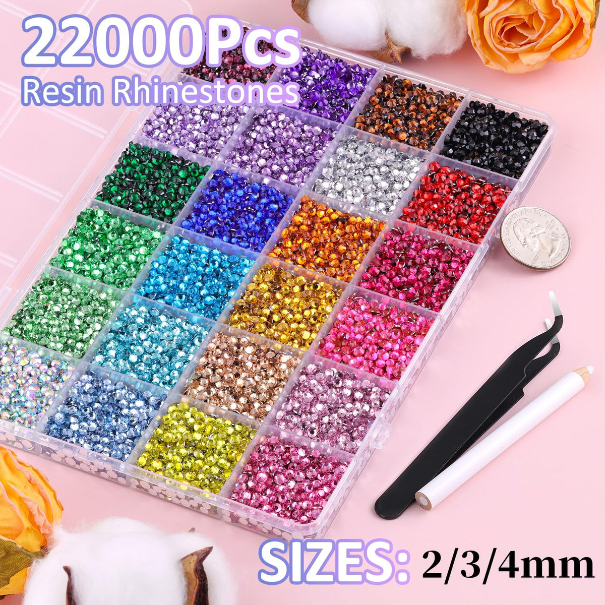 Close-up of TINKRSTUFF rhinestones showing 2mm, 3mm, and 4mm sizes