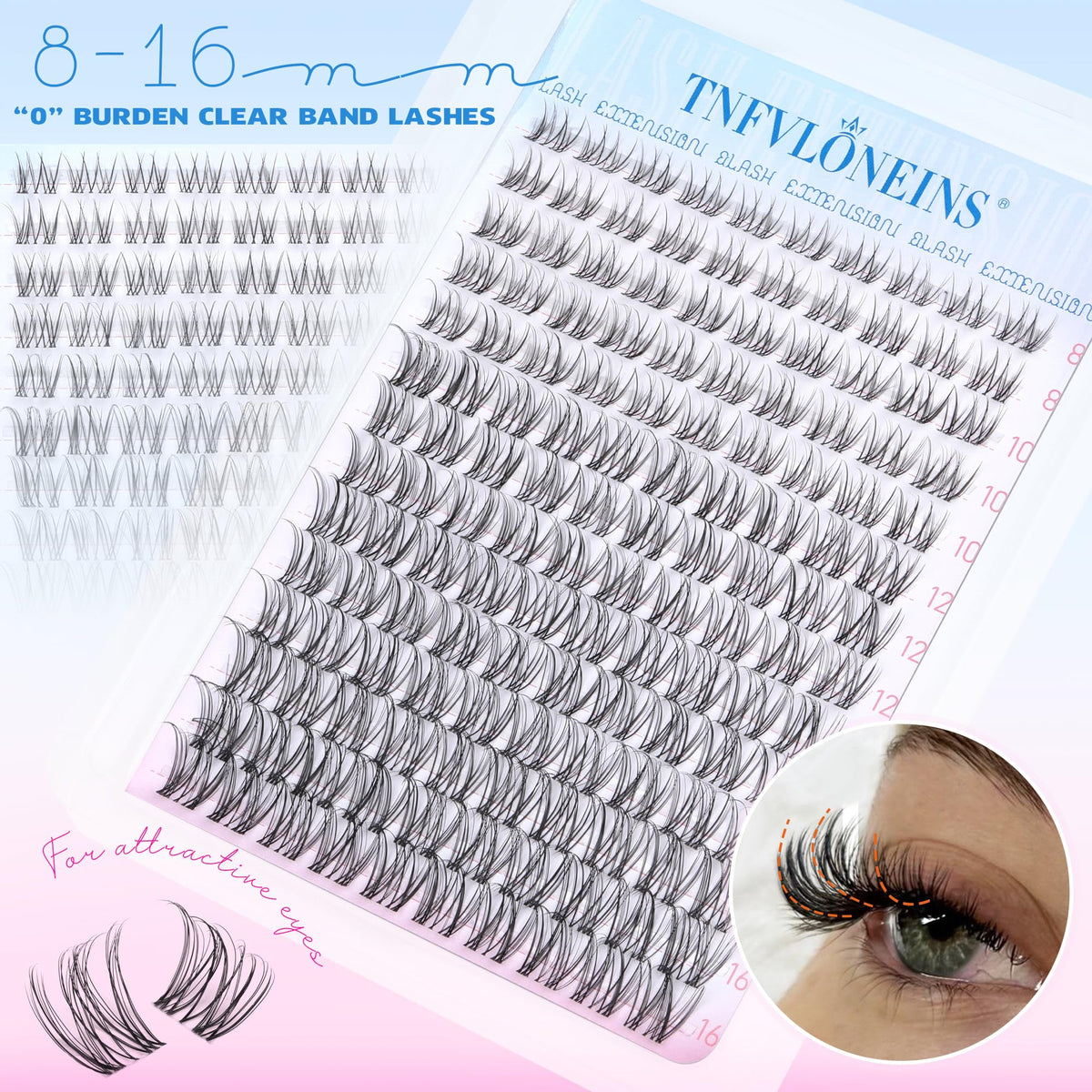 Close-up of TNFVLONEINS lash clusters showing clear band
