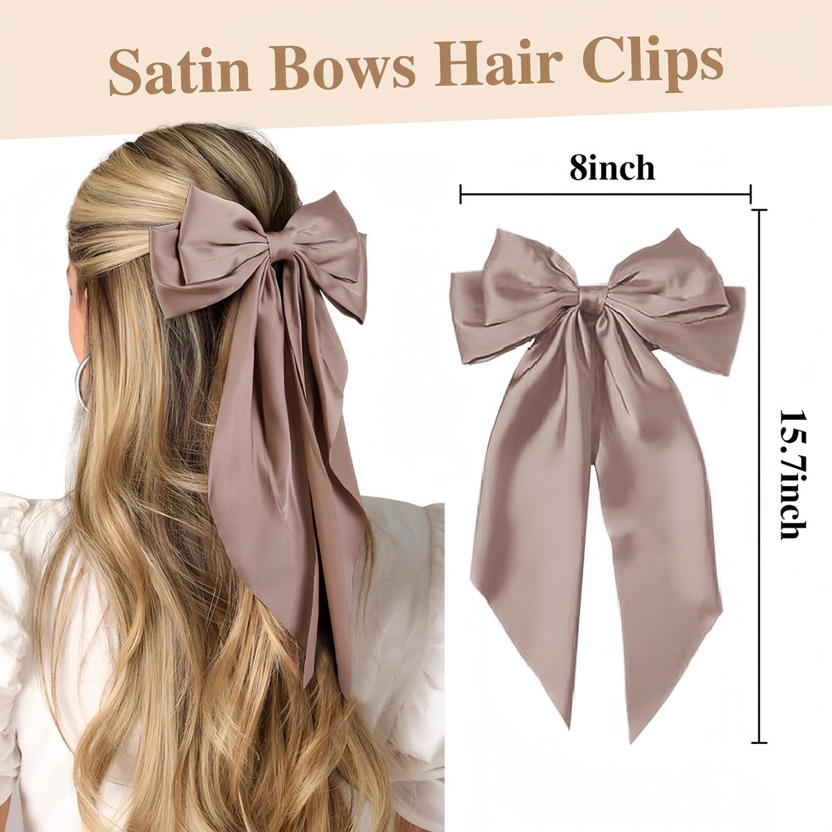 Close-up of Tobeffect handmade satin hair bow clip with long tail