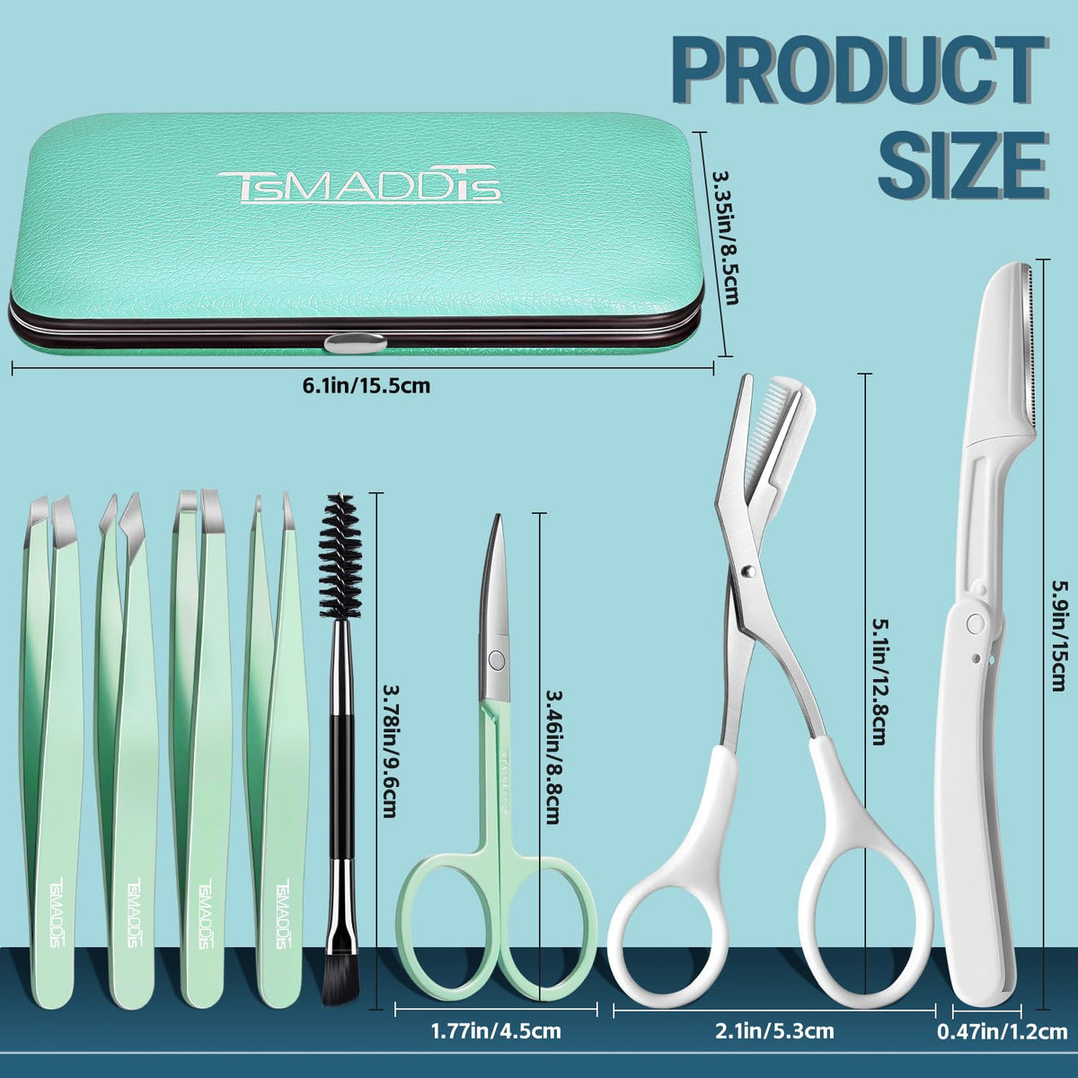 Close-up of TsMADDTs eyebrow tweezers in travel case